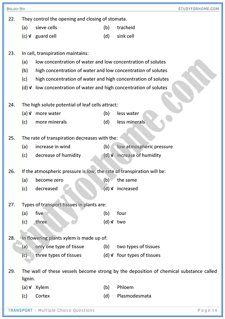 transport mcqs biology 9th 04