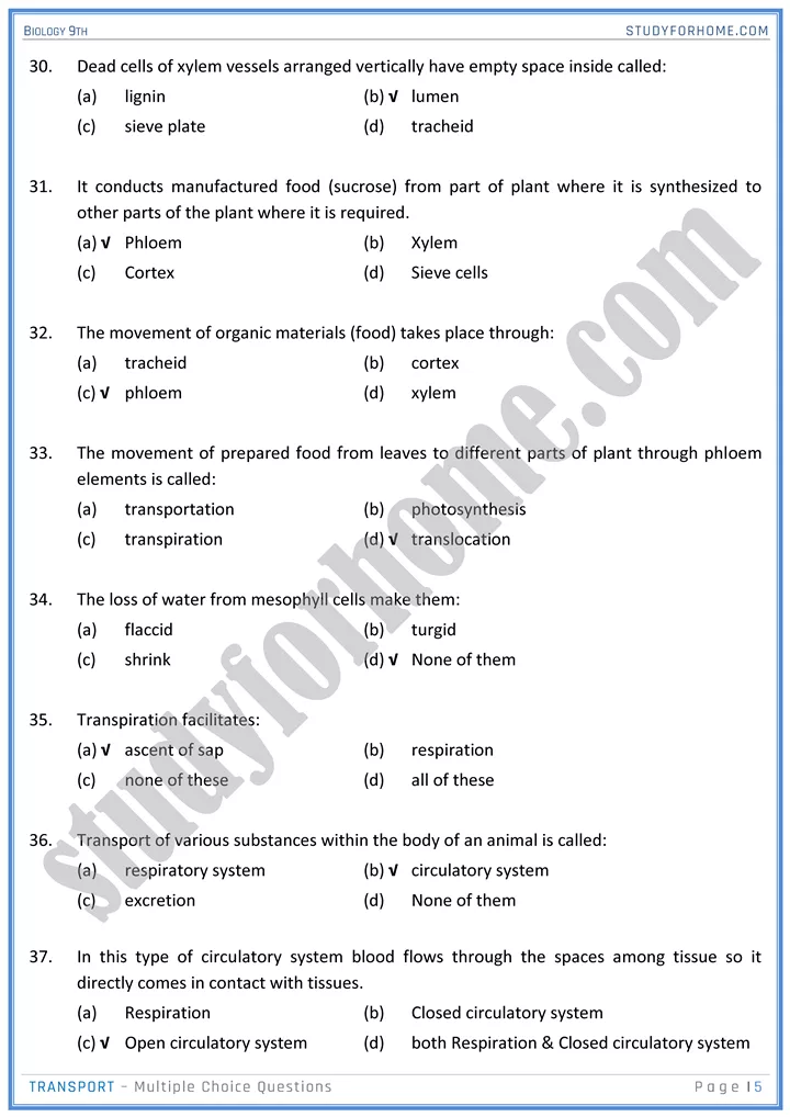 transport mcqs biology 9th 05