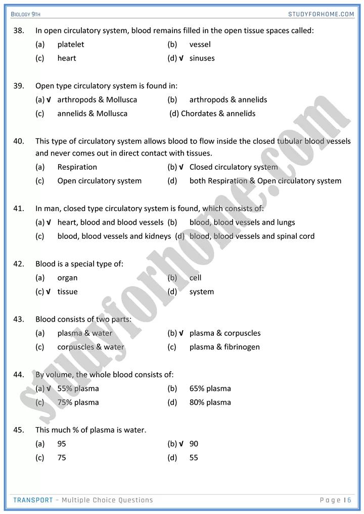 transport mcqs biology 9th 06