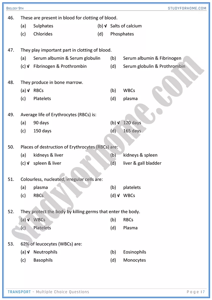 transport mcqs biology 9th 07