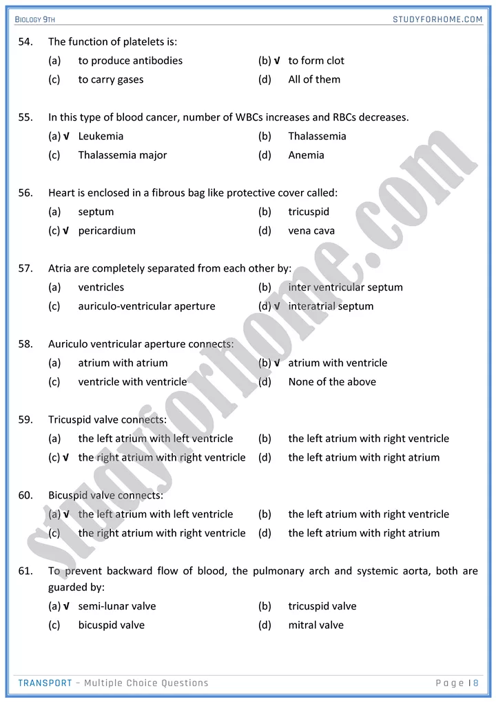 transport mcqs biology 9th 08