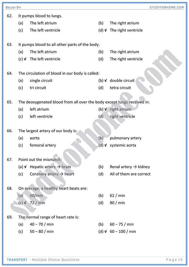 transport mcqs biology 9th 09