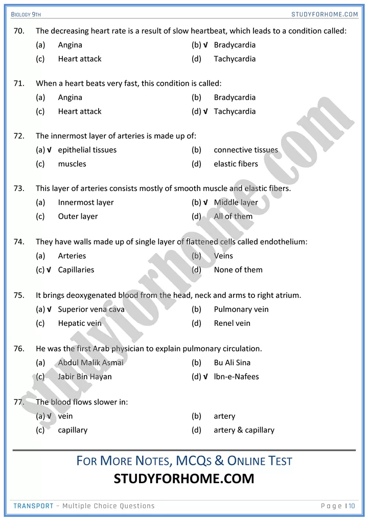 transport mcqs biology 9th 10