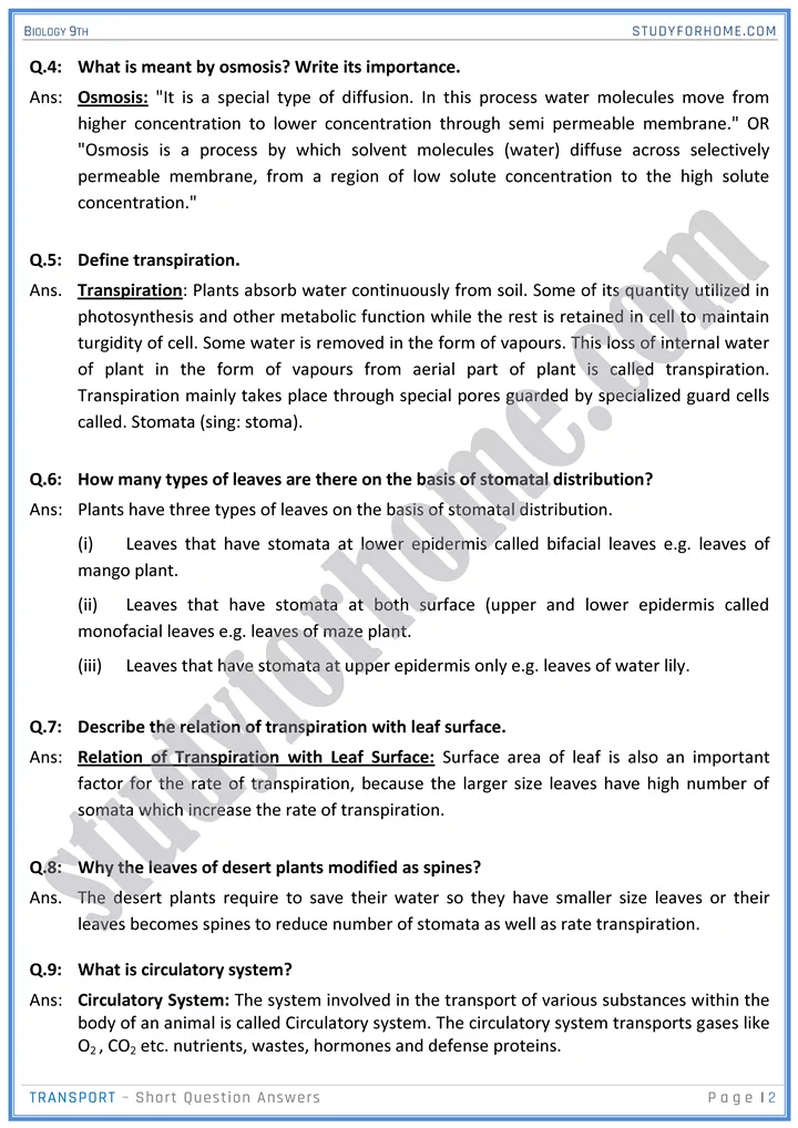 transport short question answers biology 9th 2