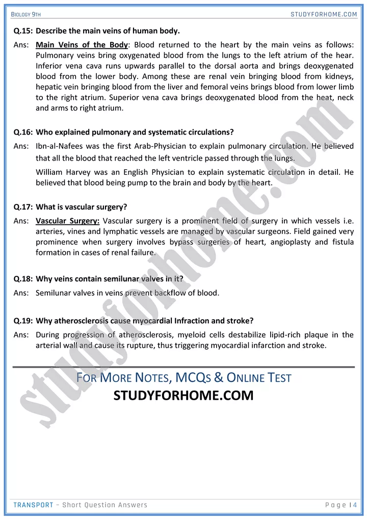 transport short question answers biology 9th 4