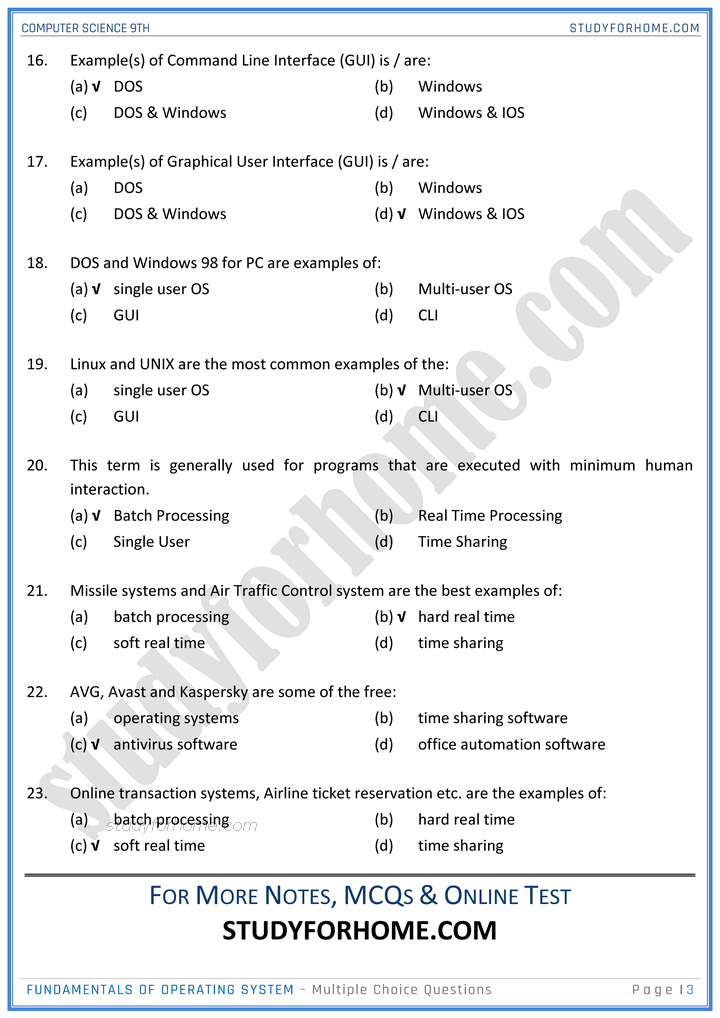 Fundamentals Of Operating System - MCQs - Computer Science 9th