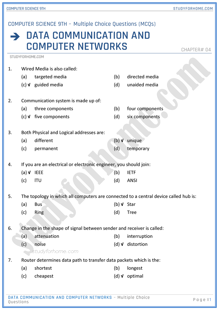 Data Communication And Computer Networks - MCQs - Computer Science 9th