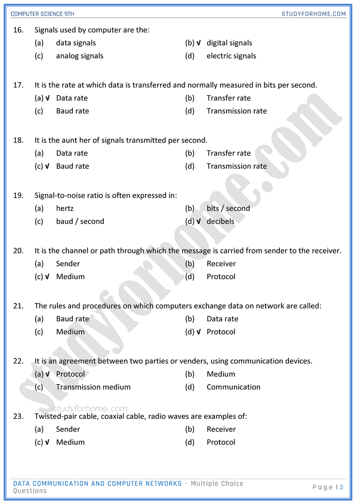 Data Communication and Computer Networks - MCQs - Computer Science 9th