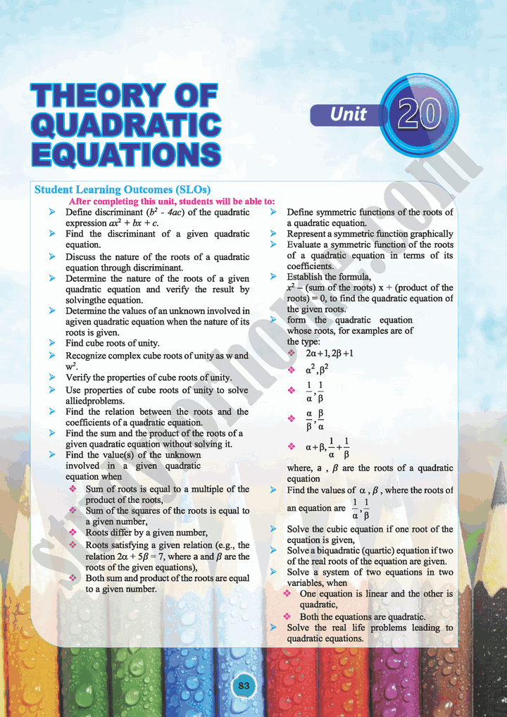 Theory Of Quadratic Equations Unit 20 Maths 10th Text Book