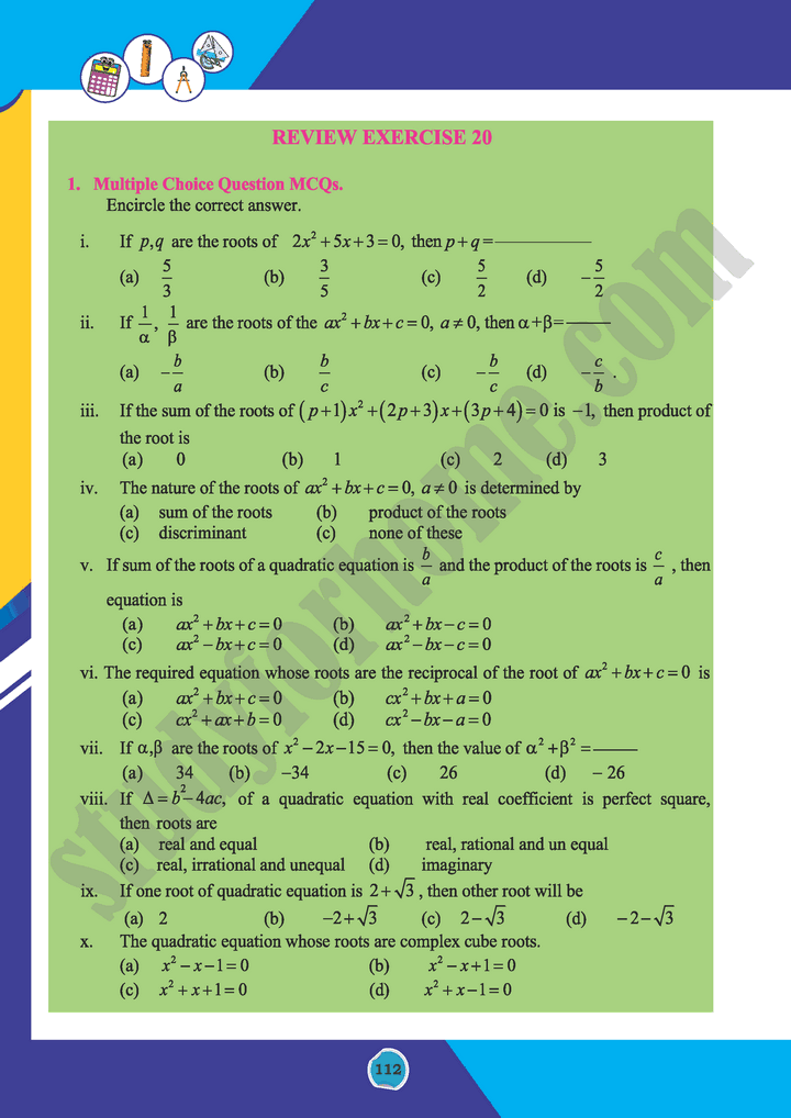 Theory Of Quadratic Equations Unit 20 Maths 10th Text Book