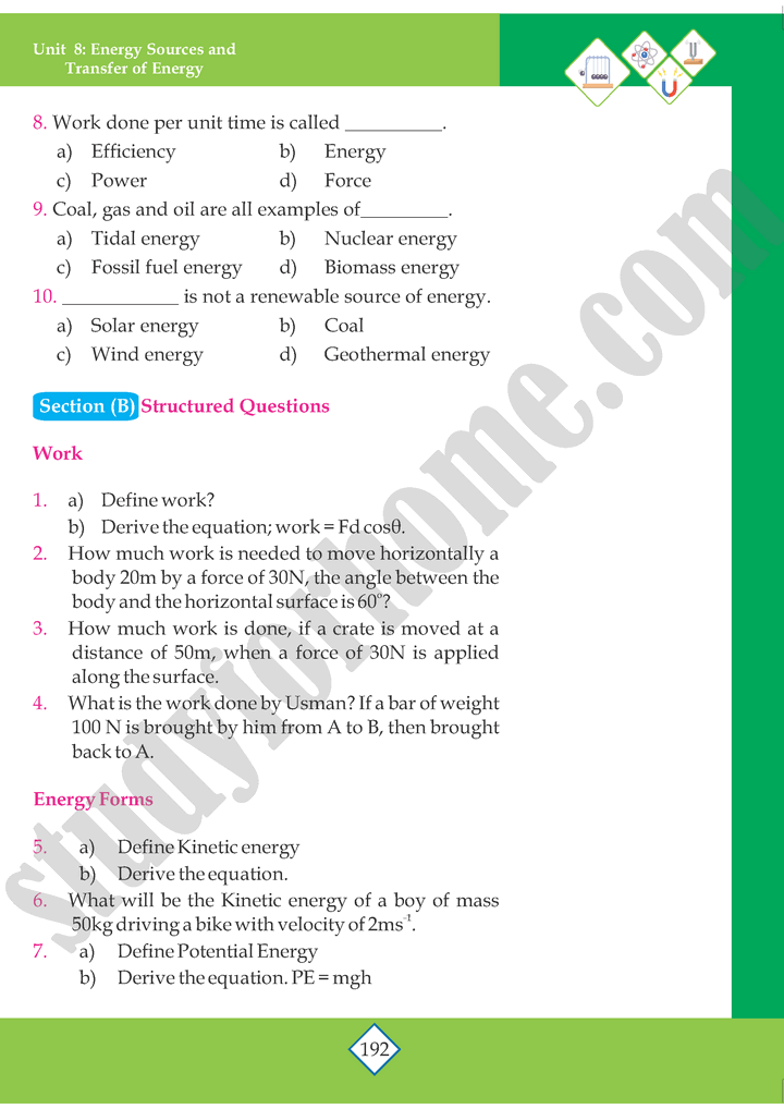 Energy Sources And Transfer Of Energy - Unit 8 - Physics 9th Text Book