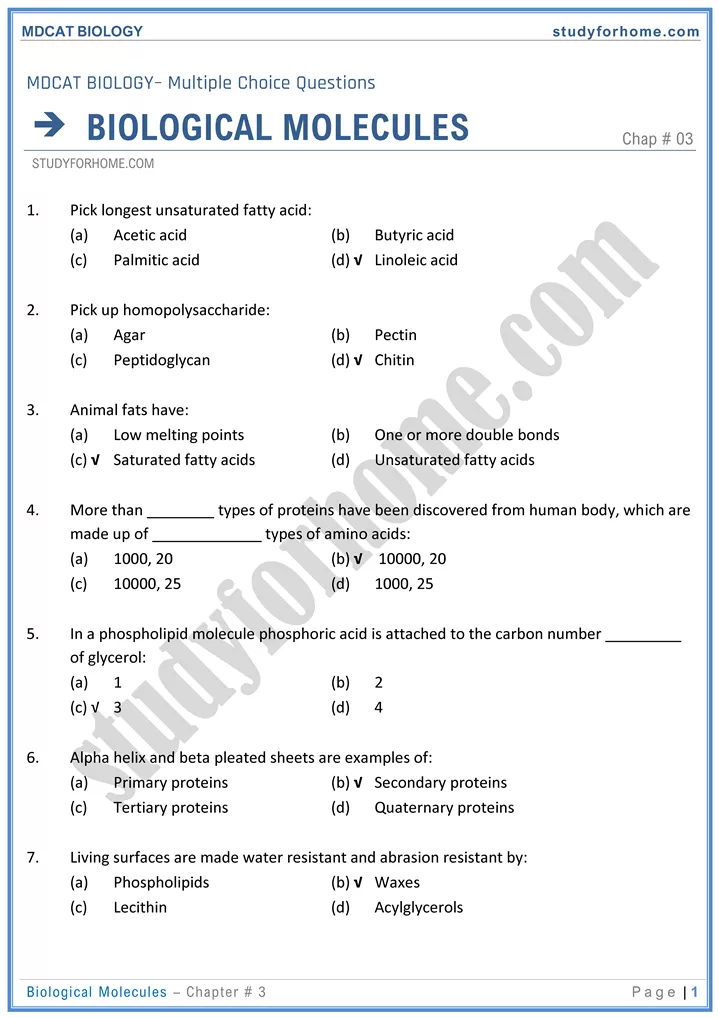 Biological Molecules MDCAT Online MCQs Test