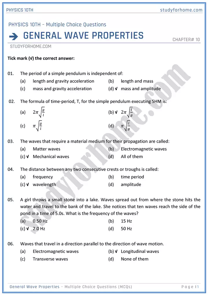 chapter 10 general wave properties multiple choice questions physics 10th 01