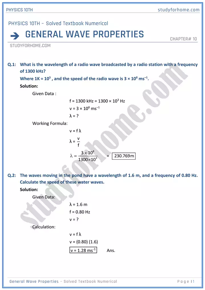 chapter 10 general wave properties solved textbook numericals physics 10th 01