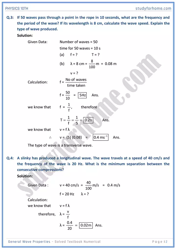 chapter 10 general wave properties solved textbook numericals physics 10th 02