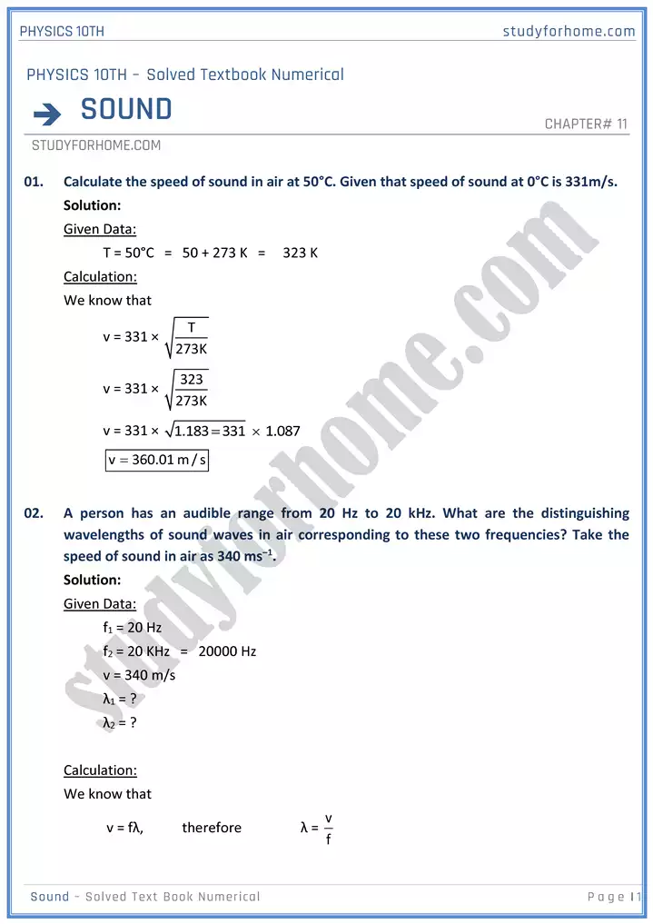 chapter 11 sound solved textbook numericals physics 10th 01