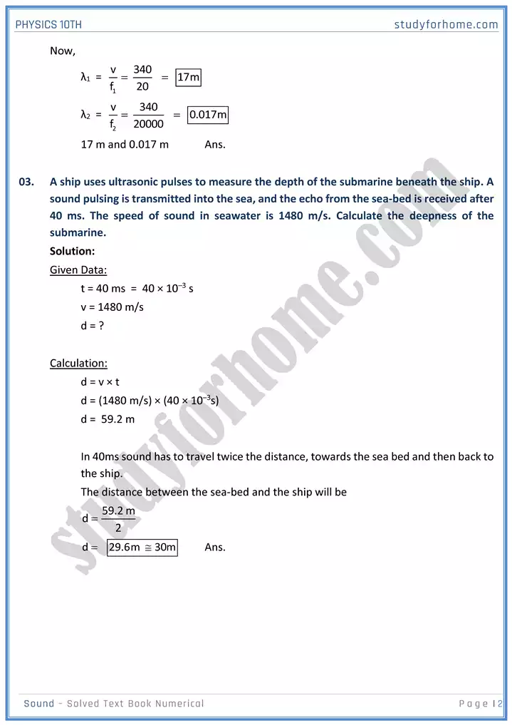 chapter 11 sound solved textbook numericals physics 10th 02