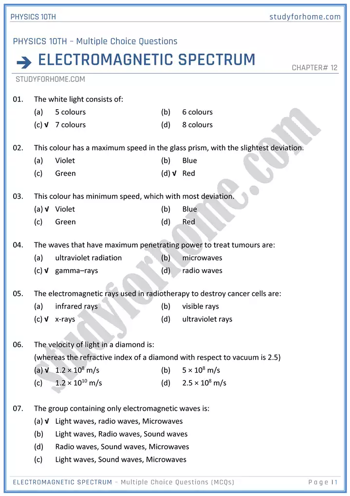 chapter 12 electromagnetic spectrum multiple choice questions physics 10th 01