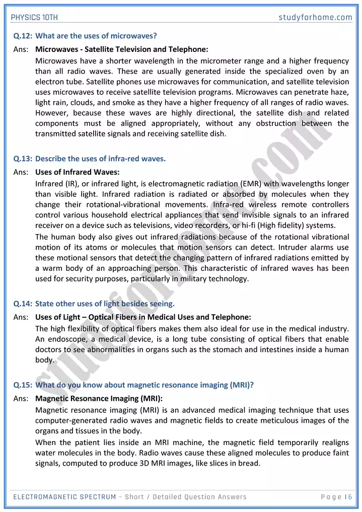 chapter 12 electromagnetic spectrum short and detailed question answers physics 10th 06