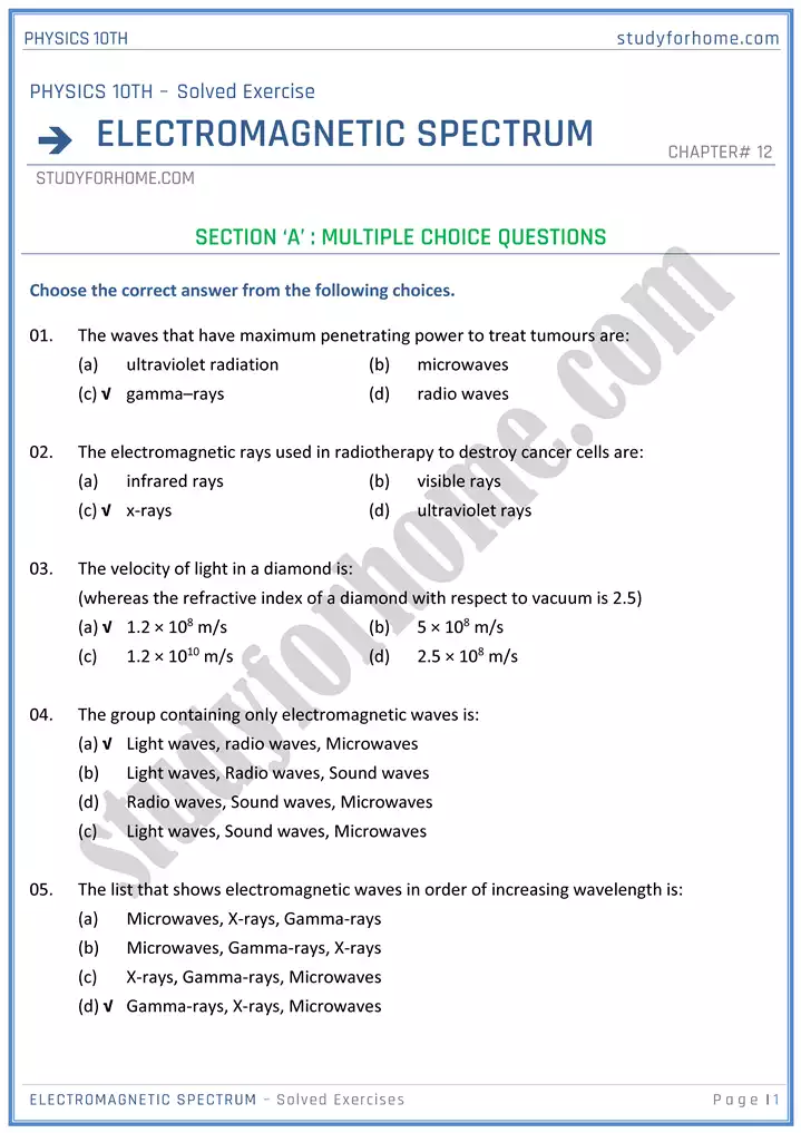 chapter 12 electromagnetic spectrum solution of textbook exercise physics 10th 01