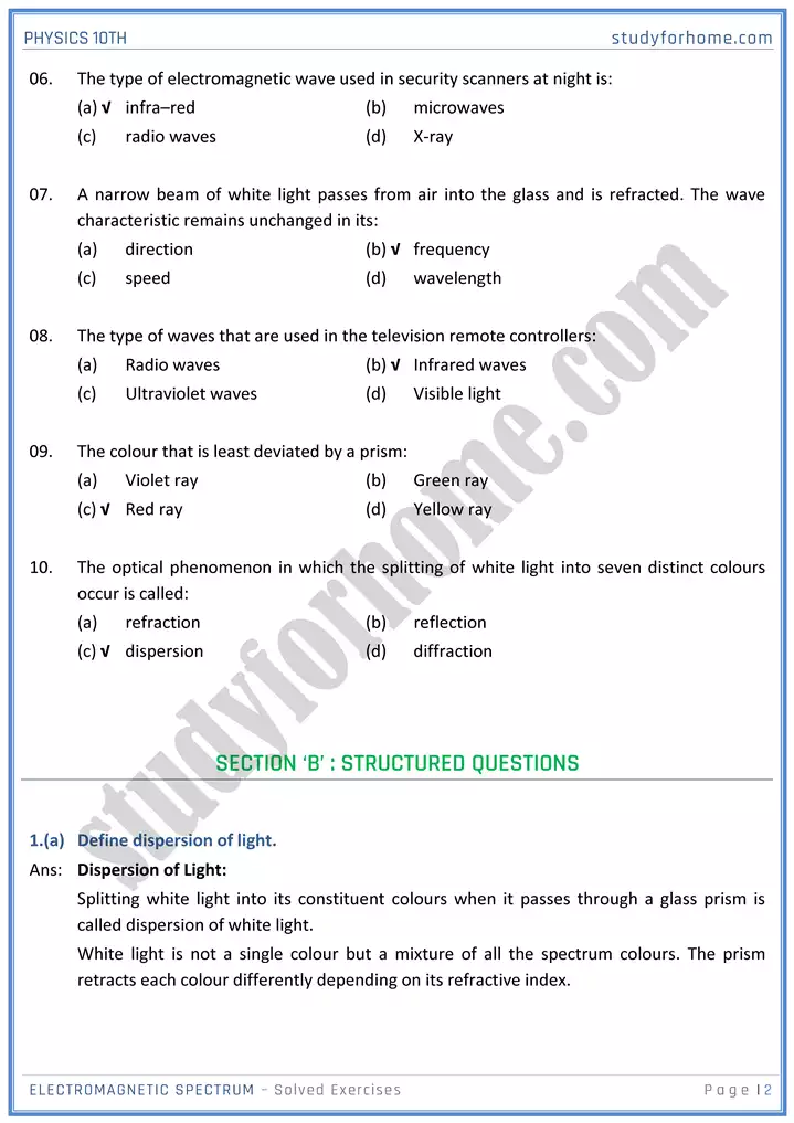 chapter 12 electromagnetic spectrum solution of textbook exercise physics 10th 02