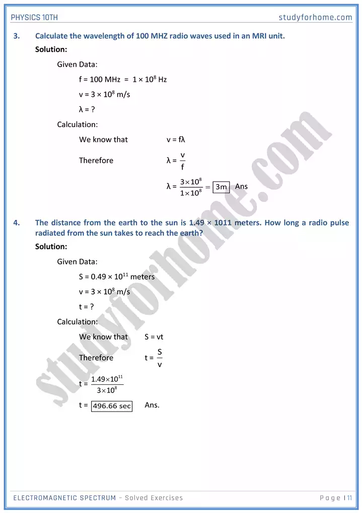 chapter 12 electromagnetic spectrum solution of textbook exercise physics 10th 11