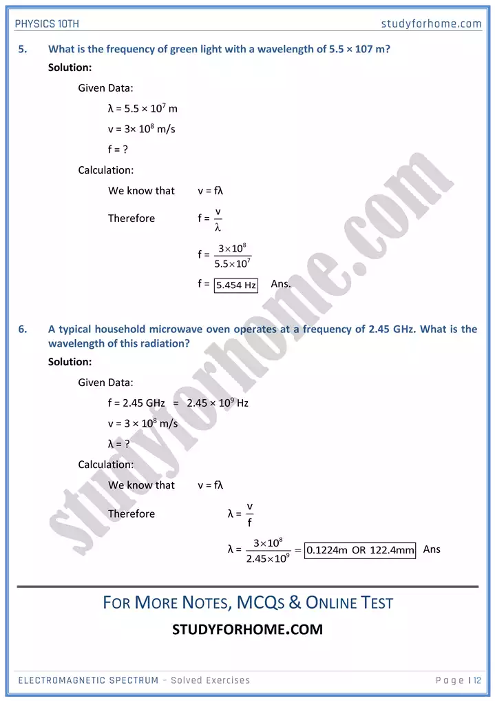 chapter 12 electromagnetic spectrum solution of textbook exercise physics 10th 12