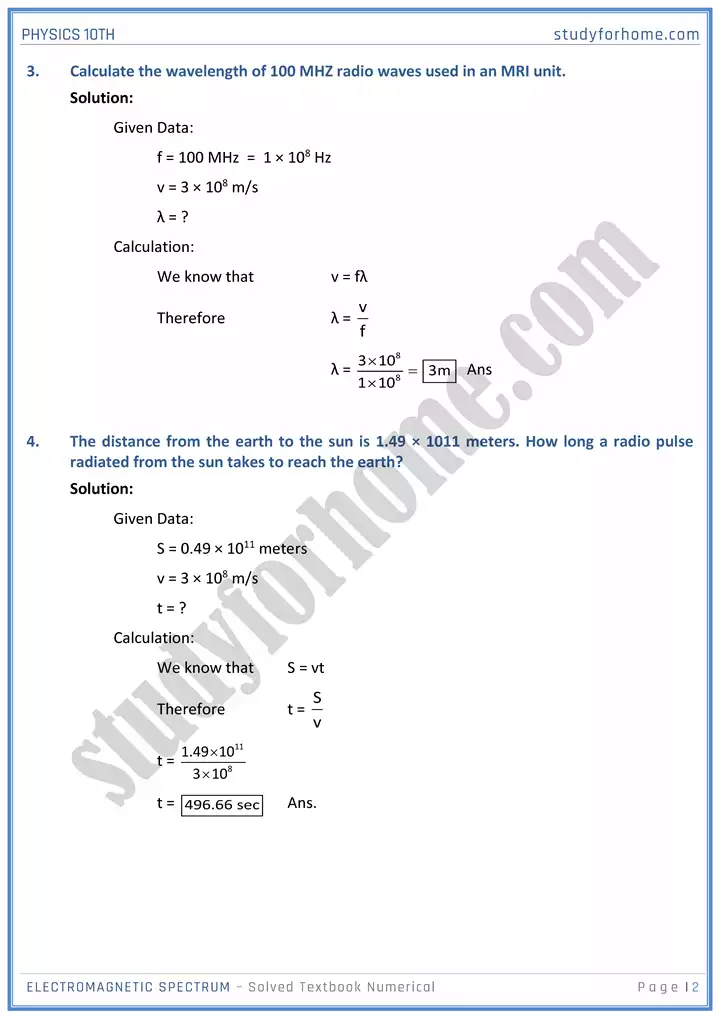 chapter 12 electromagnetic spectrum solved textbook numericals physics 10th 02