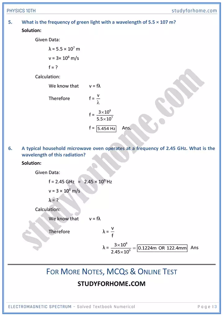 chapter 12 electromagnetic spectrum solved textbook numericals physics 10th 03