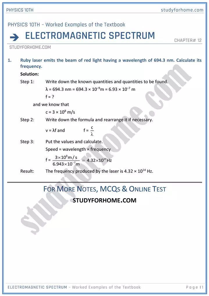 chapter 12 electromagnetic spectrum worked examples of the textbook physics 10th 01