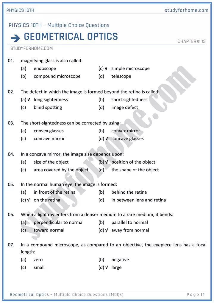 chapter 13 geometrical optics multiple choice questions physics 10th 01