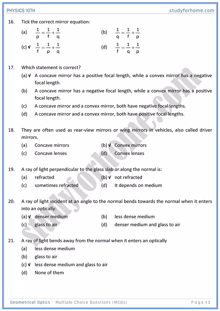 chapter 13 geometrical optics multiple choice questions physics 10th 03