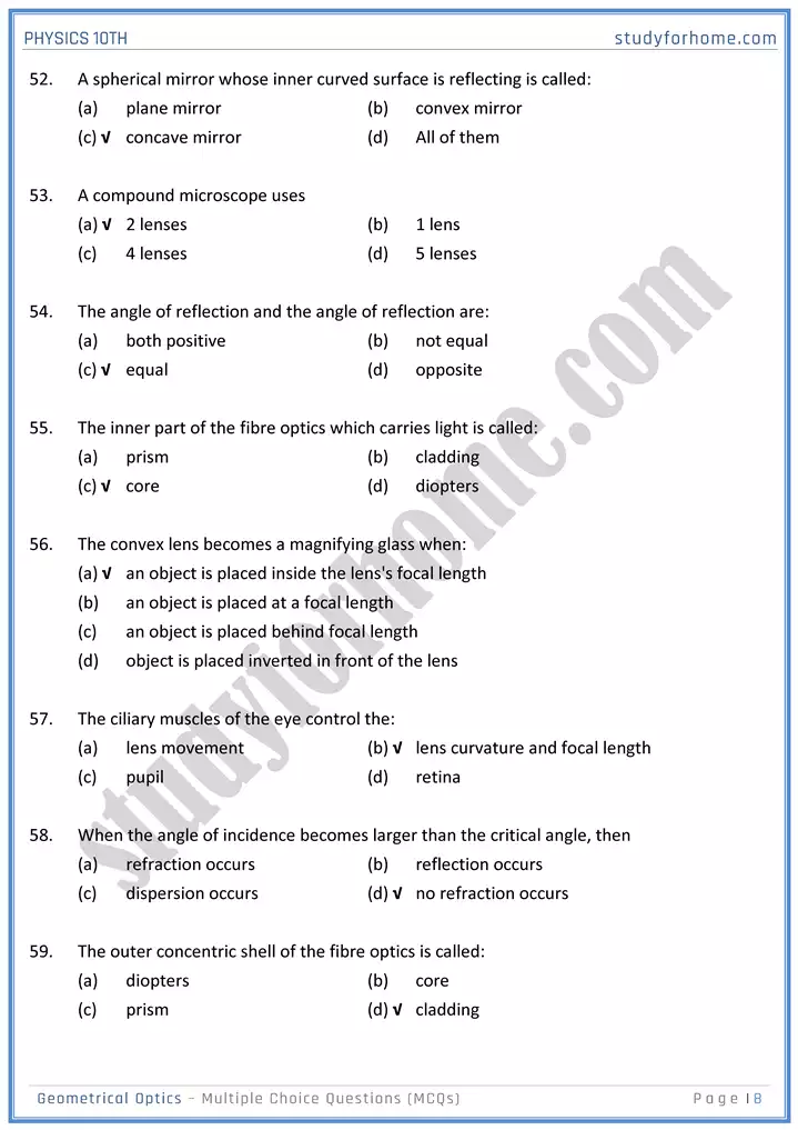 Geometrical Optics MCQs Physics 10th