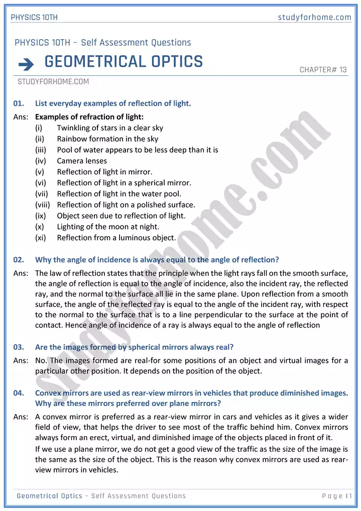 Geometrical Optics - Self Assessment Questions - Physics 10th