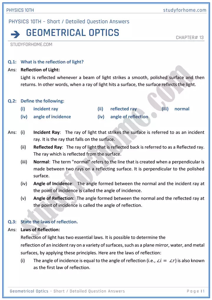 chapter 13 geometrical optics short and detailed question answers physics 10th 01