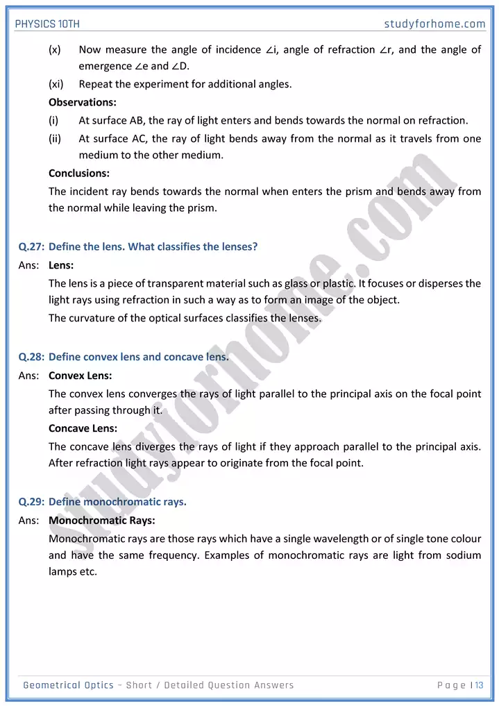 chapter 13 geometrical optics short and detailed question answers physics 10th 13