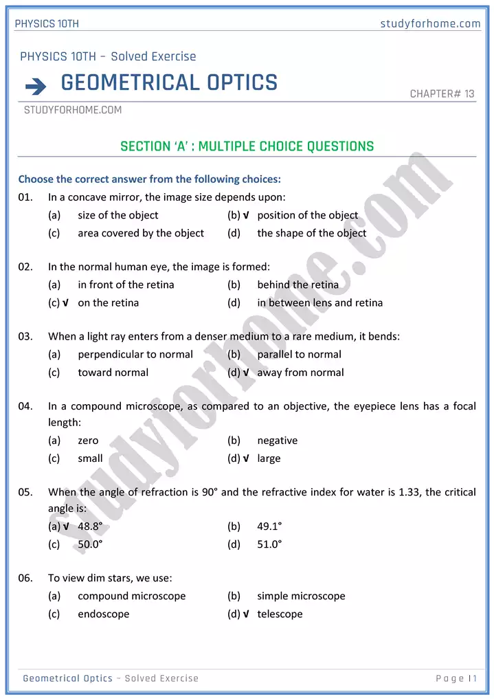 chapter 13 geometrical optics solution of textbook exercise physics 10th 01