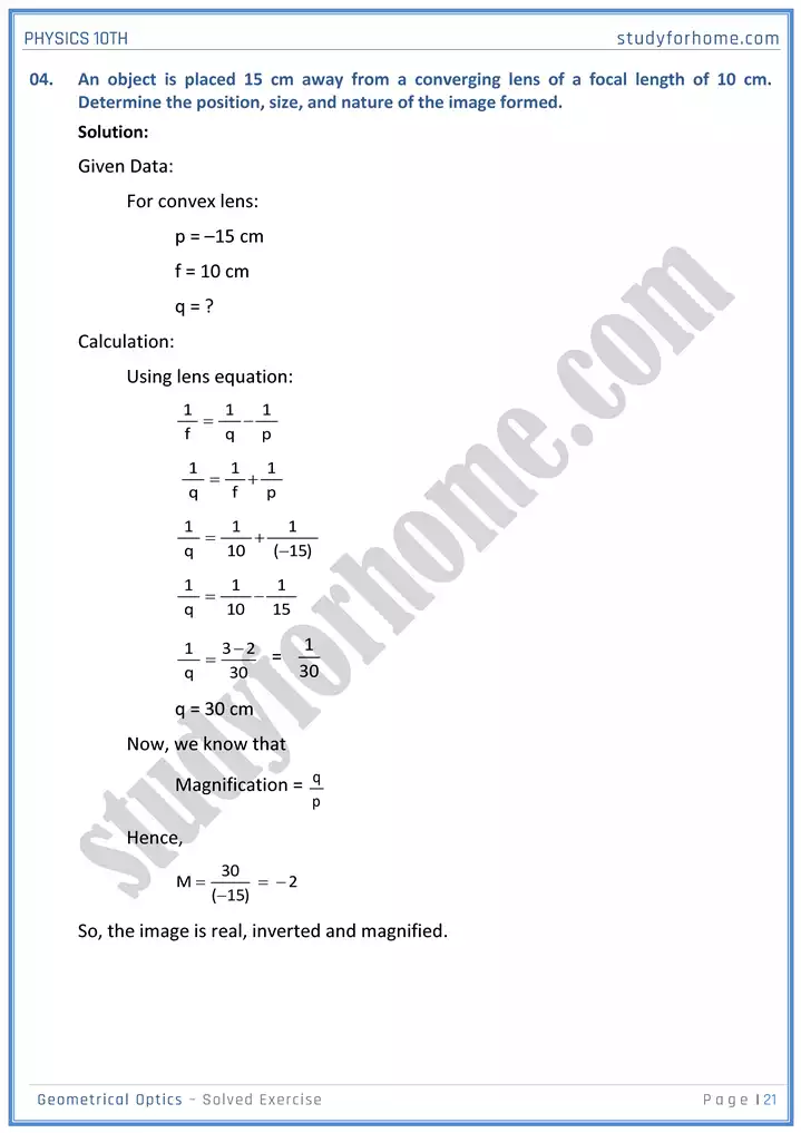 chapter 13 geometrical optics solution of textbook exercise physics 10th 21