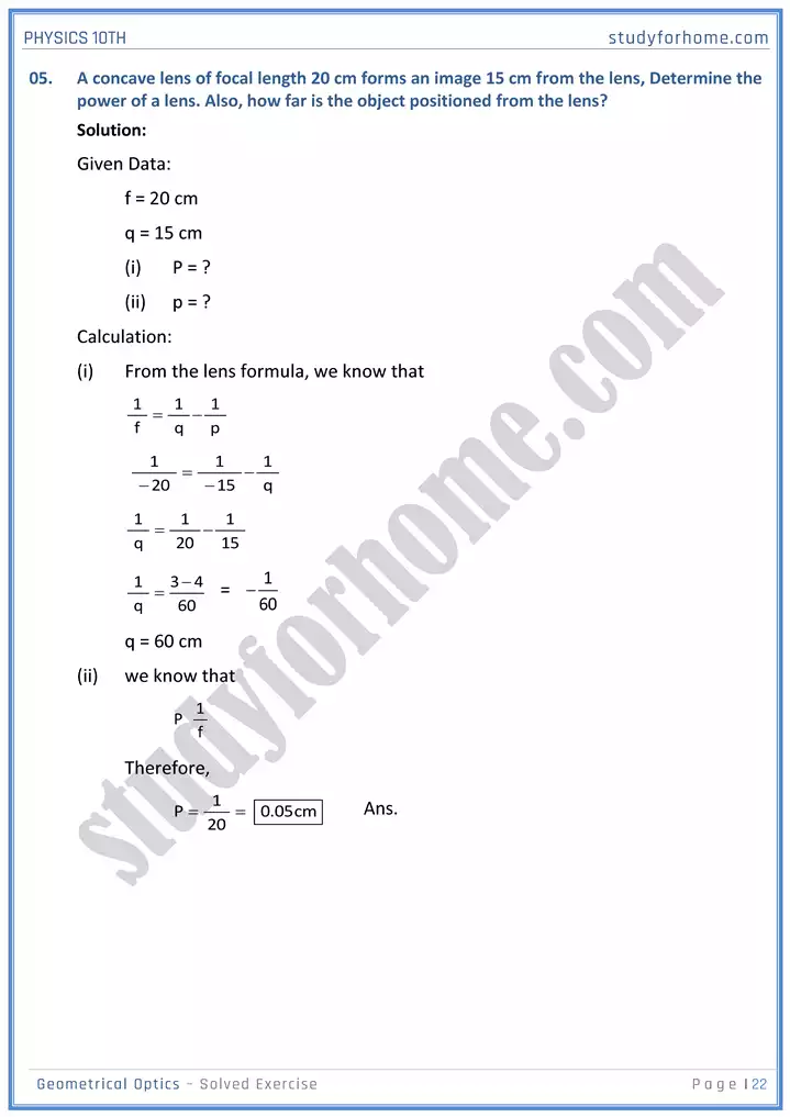 chapter 13 geometrical optics solution of textbook exercise physics 10th 22