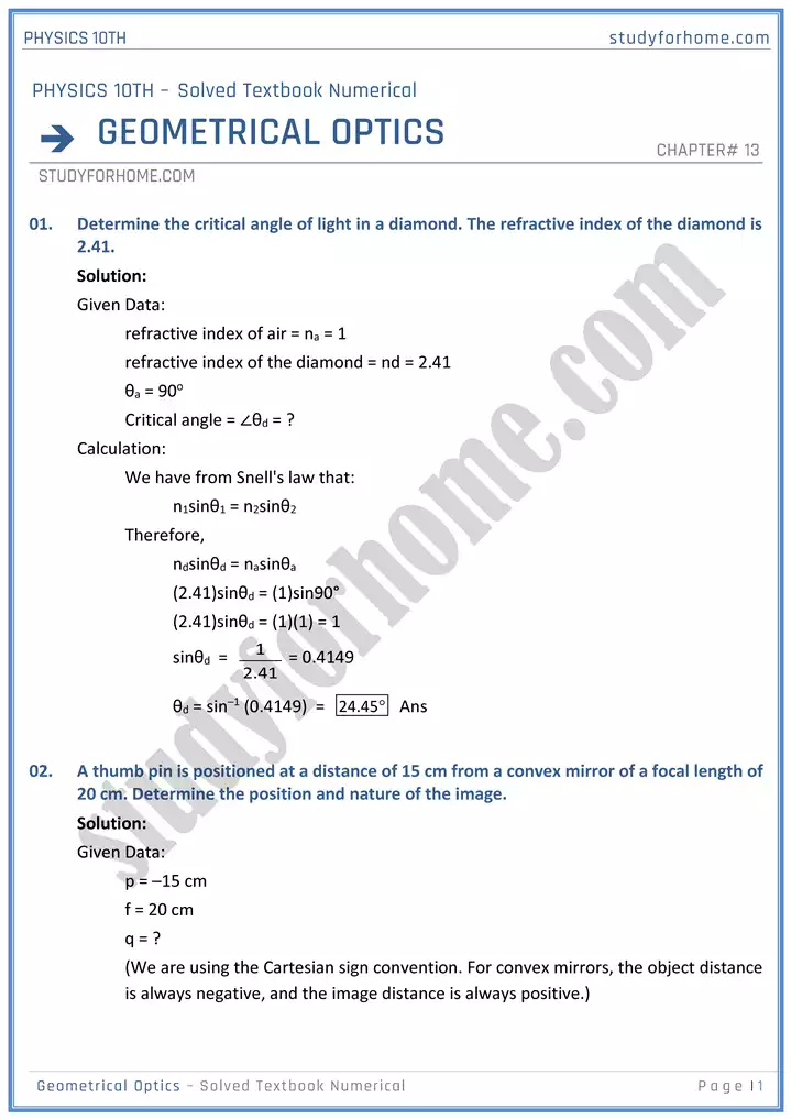 chapter 13 geometrical optics solved textbook numericals physics 10th 01