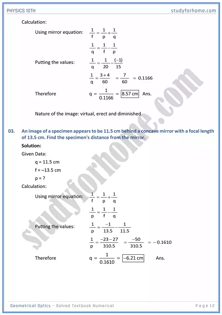 chapter 13 geometrical optics solved textbook numericals physics 10th 02