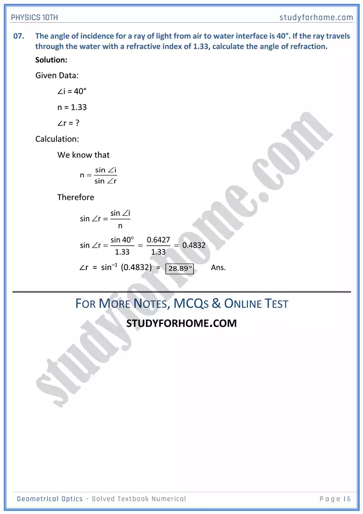 chapter 13 geometrical optics solved textbook numericals physics 10th 06