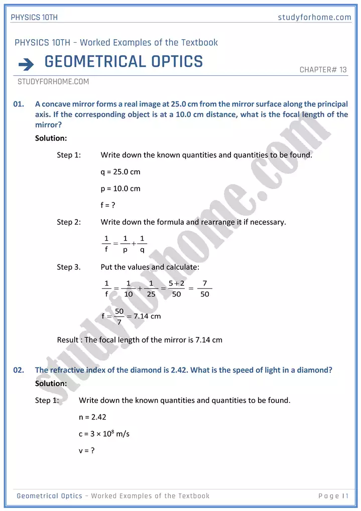 chapter 13 geometrical optics worked examples of the textbook physics 10th 01