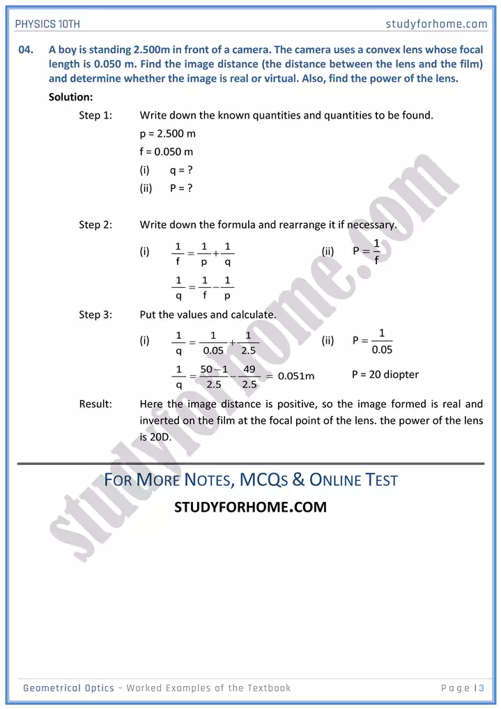 chapter 13 geometrical optics worked examples of the textbook physics 10th 03