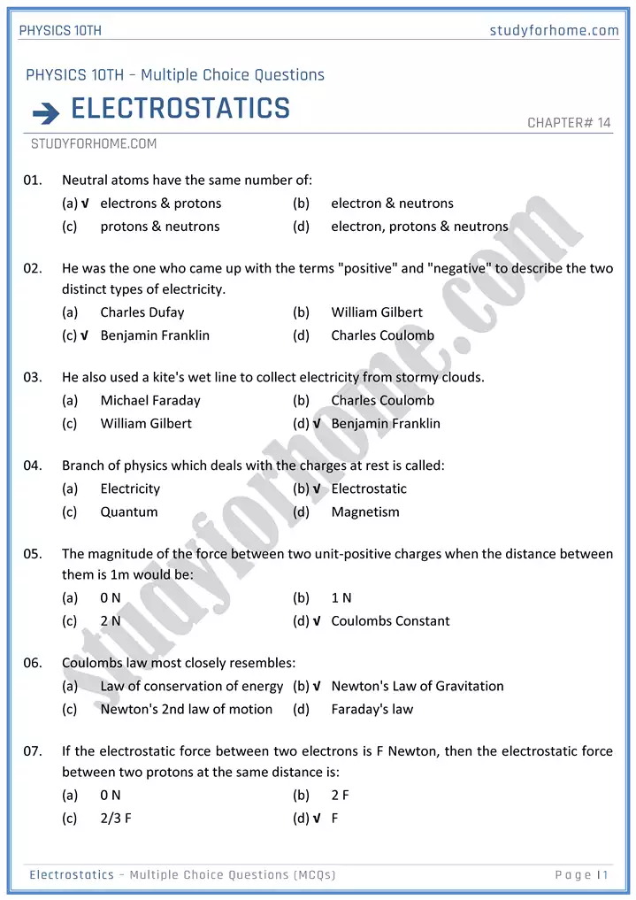 chapter-14-electrostatic-multiple-choice-questions-physics-10th