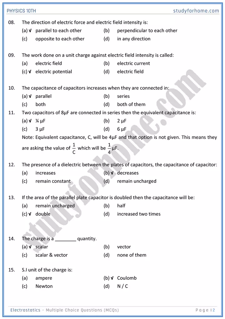 chapter 14 electrostatic multiple choice questions physics 10th 02