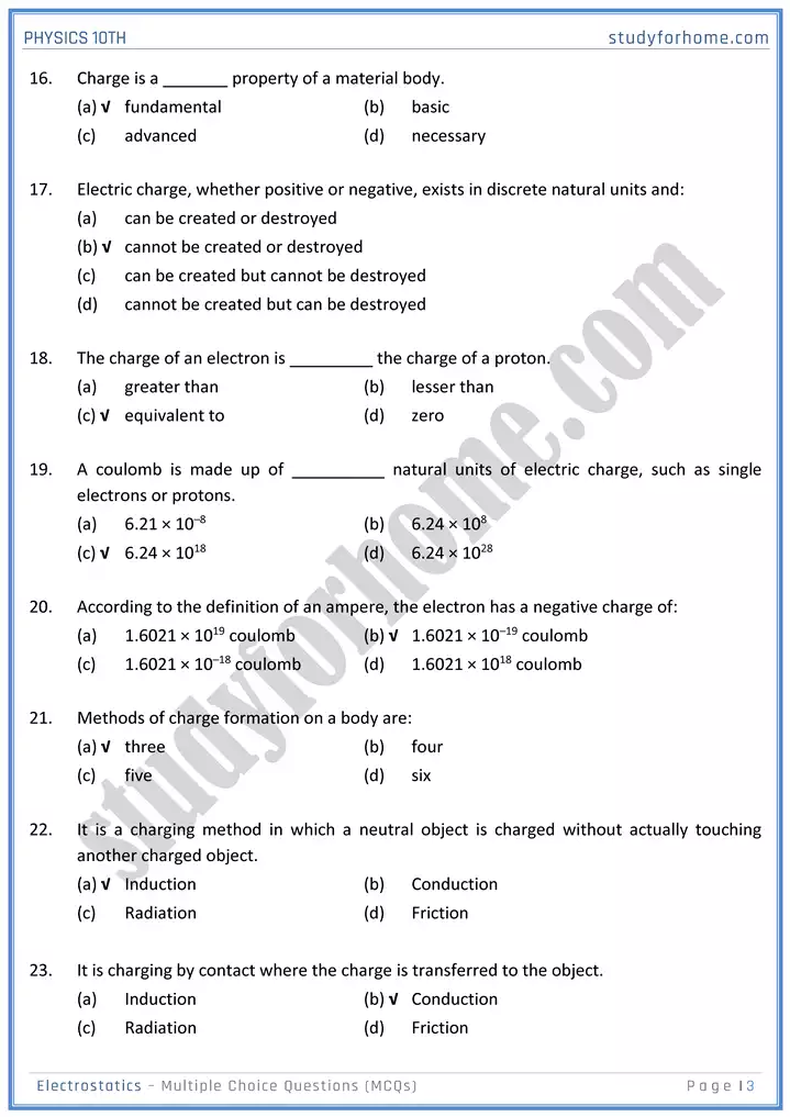 chapter 14 electrostatic multiple choice questions physics 10th 03