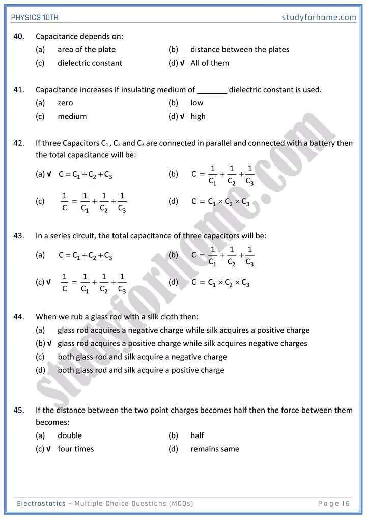 chapter 14 electrostatic multiple choice questions physics 10th 06