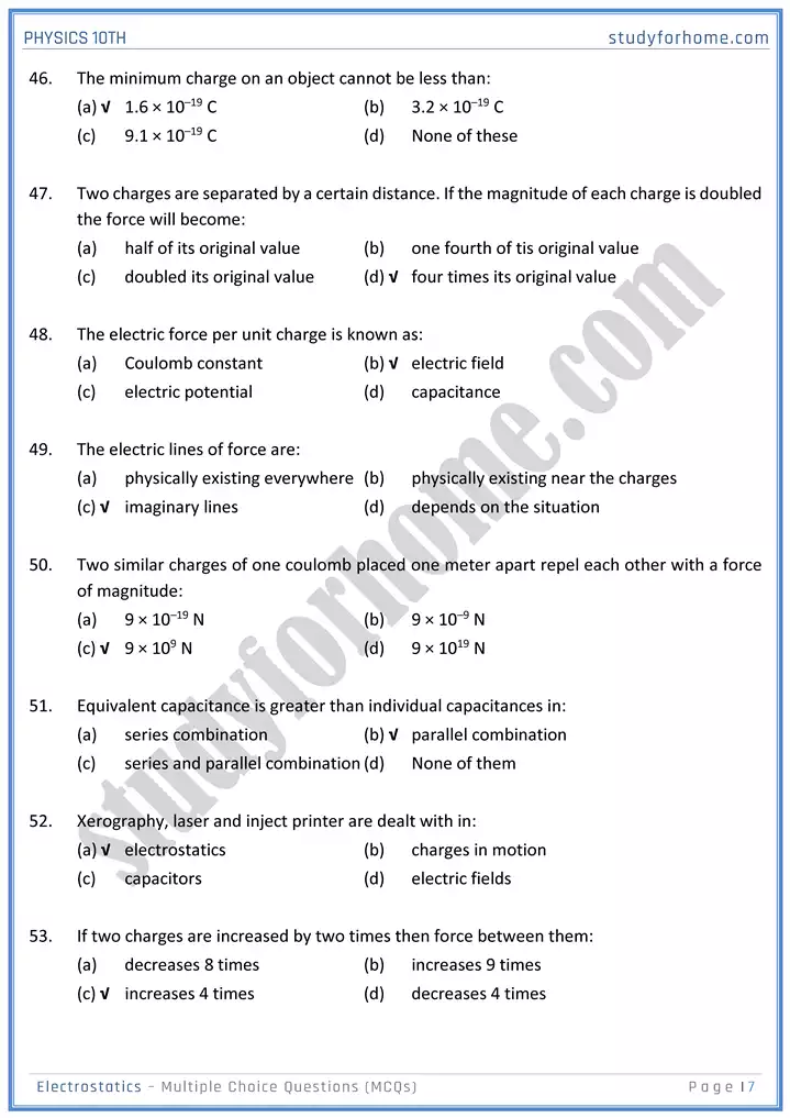 chapter 14 electrostatic multiple choice questions physics 10th 07