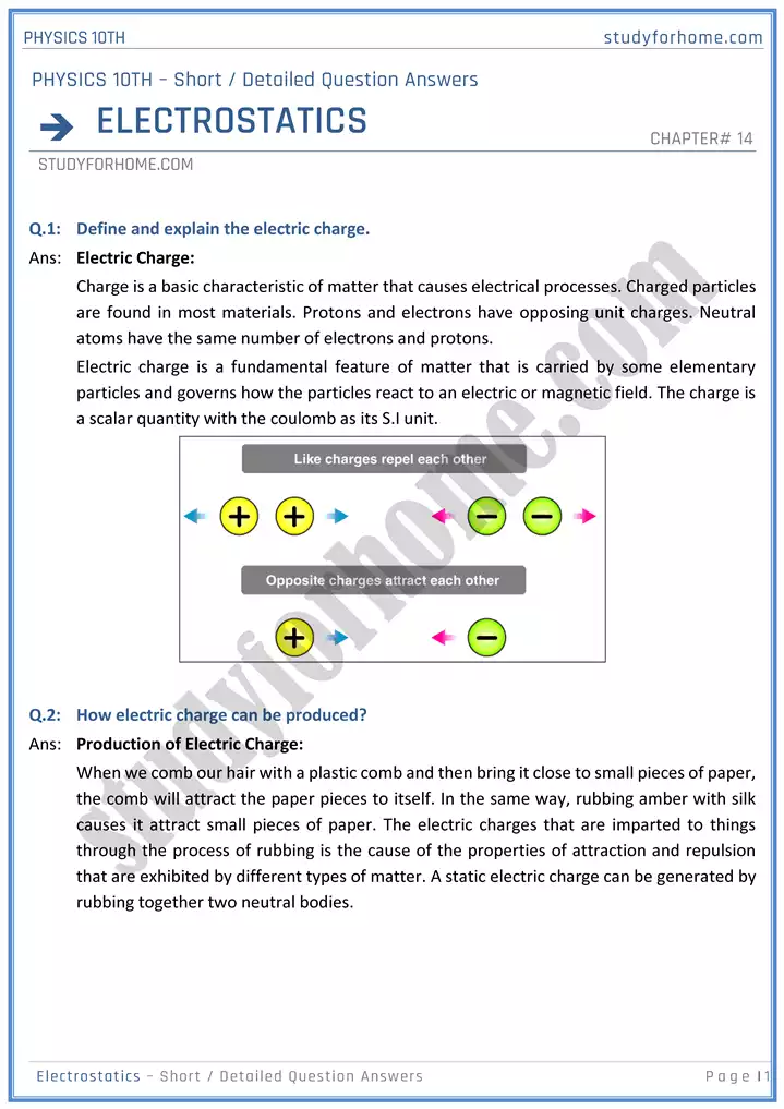 chapter 14 electrostatic short and detailed question answers physics 10th 01